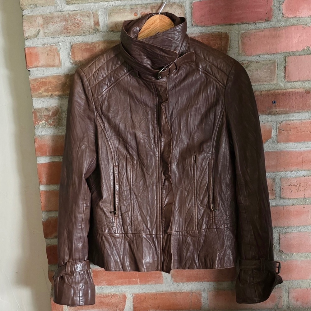 Guess Leather Jacket, Very Soft, Brown, Front Zip, Size Large